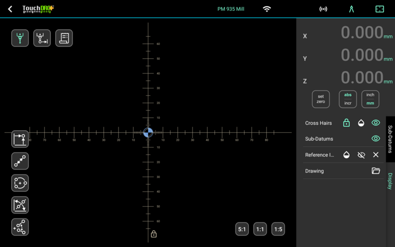 The TouchDRO graphical view in measurement mode, with the measuring functions down the left edge and general functions along the top