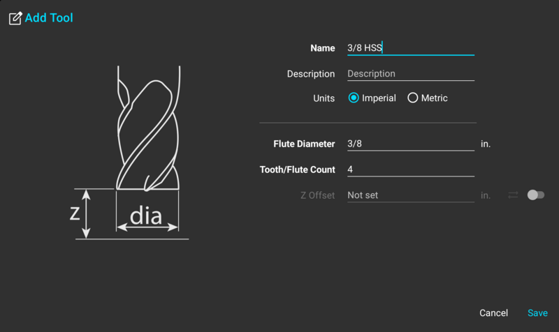 Fig. 3: The "Add Tool" dialog with the Z offset switched off Add Tool dialog on a milling machine digital readout with name, flute diameter, flute count, and optional Z offset fields