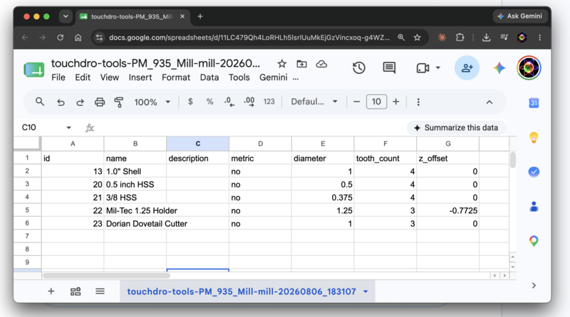 Fig. 5: An exported tool library open in Google Sheets, one tool per row Exported DRO tool library CSV file open in Google Sheets