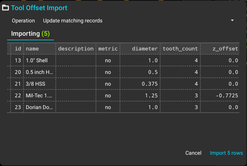 Fig. 7: The tool import preview, showing the rows read from the file before anything is written TouchDRO tool import preview grid listing five tools before import