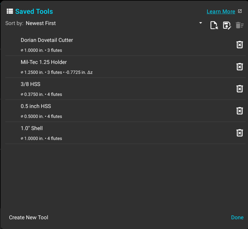 Fig. 1: The "Saved Tools" dialog on a mill Saved Tools dialog in TouchDRO listing five mill cutters with diameter, flute count, and Z offset