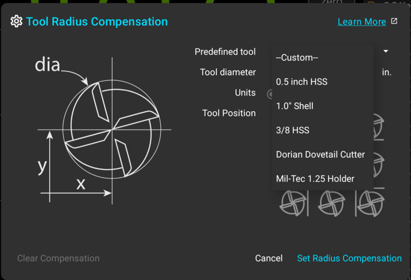 Fig. 8: The library filling the "Predefined tool" dropdown in the "Tool Radius Compensation" dialog Predefined tool dropdown in the Tool Radius Compensation dialog listing saved tools