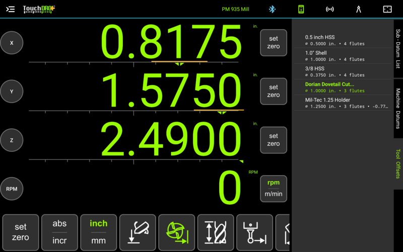 Fig. 2: The "Tool Offsets" panel, with the applied tool shown in green Tool Offsets panel on the TouchDRO mill DRO screen with the applied tool highlighted in green