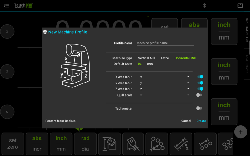 Fig. 4: The same dialog with "Horizontal Mill" selected, and the drawing redrawn to match