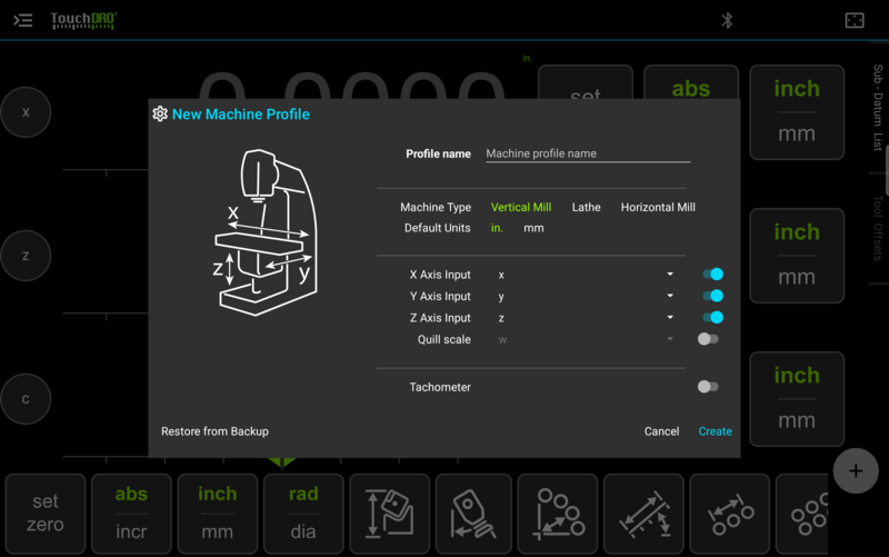 Fig. 2: The "New Machine Profile" dialog with "Vertical Mill" selected, showing the axes for that machine