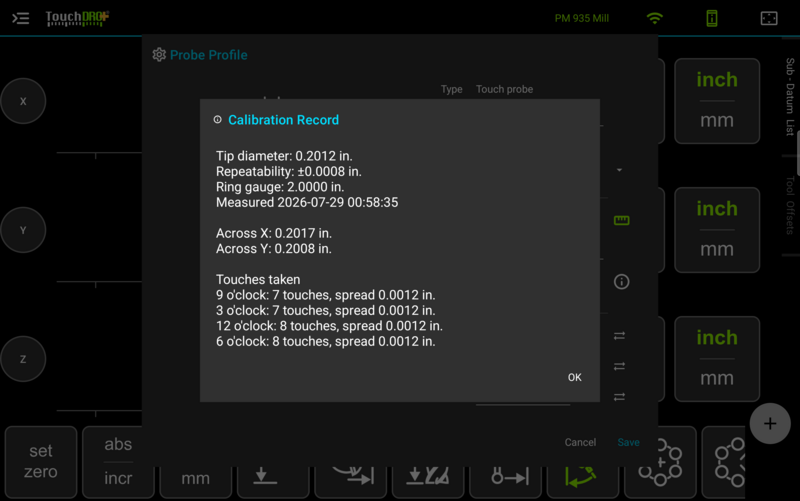 Fig. 16: The calibration record kept with the profile