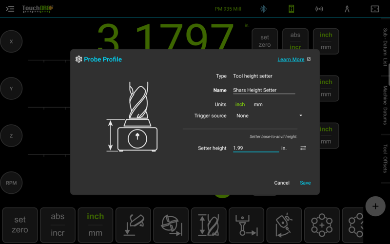 Fig. 3: The same measured height entered into the setter's profile The TouchDRO Probe Profile dialog with the type set to Tool height setter and the measured height entered