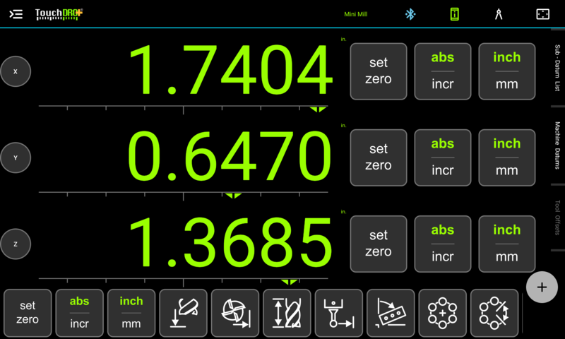 Connected: the digits turn green and the app plays a chime TouchDRO main screen in the connected state, with green axis readouts