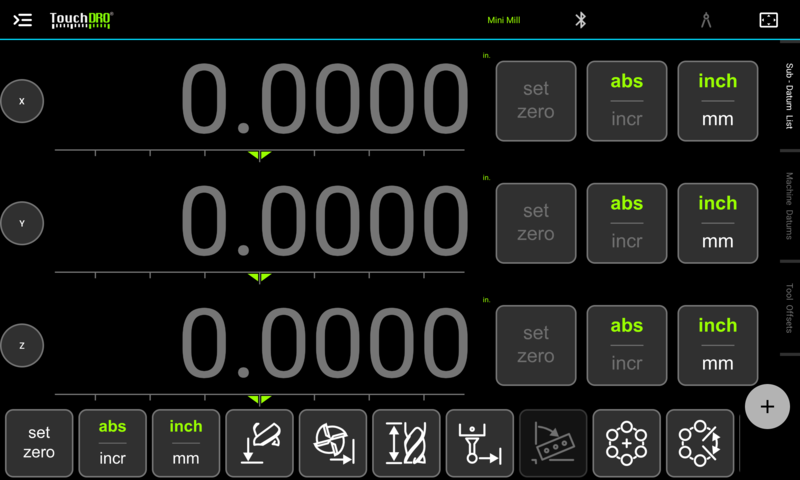 TouchDRO before its first connection: the gray digits mean no adapter is connected yet TouchDRO main screen in the disconnected state, with gray axis readouts
