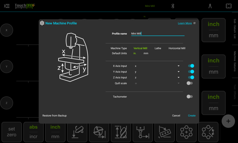 The New Machine Profile dialog The New Machine Profile dialog with machine type, default units, and axis input settings