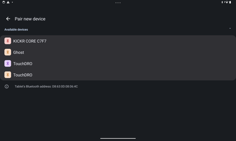 Fig. 3: The tablet's "Pair new device" screen, with the adapter listed as TouchDRO The tablet's Pair new device screen with the TouchDRO adapter in the available devices list