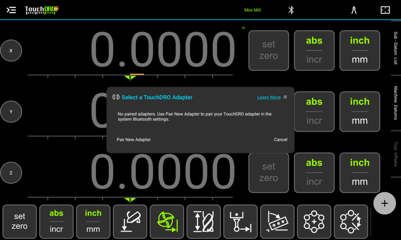 The adapter selection dialog before any adapter is paired. "Pair New Adapter" opens the tablet's pairing screen The Select a TouchDRO Adapter dialog on a new tablet, showing no paired adapters and the Pair New Adapter button
