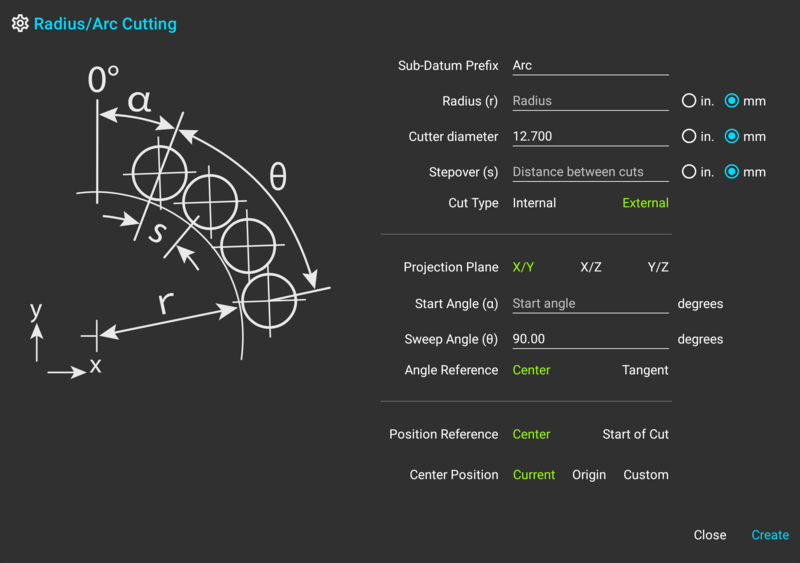 Fig. 1: The "Radius/Arc Cutting" dialog Radius Arc Cutting dialog on a TouchDRO mill digital readout with radius, cutter diameter, stepover, and angle controls