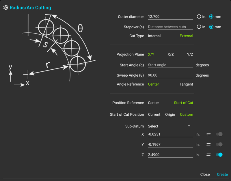 Fig. 2: Positioning the arc by the start of the cut, with custom coordinates Radius Arc Cutting dialog with position reference set to start of cut and custom coordinates expanded