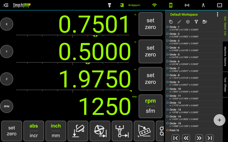 The main readout screen with the Sub - Datum List tab selected, the panel open beside the readouts showing the workspace name, the action buttons, a list of fifteen sub-datums, the navigation buttons, and the plus button