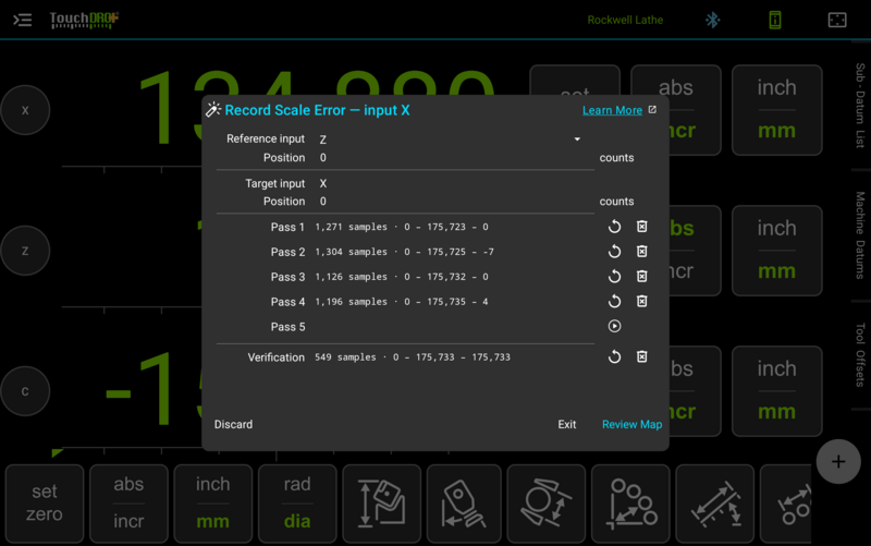 TouchDRO Record Scale Error dialog with four recorded passes and a verification pass
