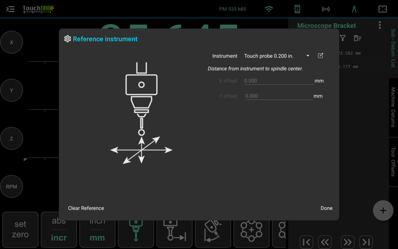 The Reference instrument dialog with a touch probe selected and both offsets reading zero
