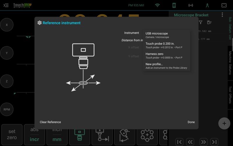 The Instrument selector open, listing a USB microscope profile and two touch probe profiles