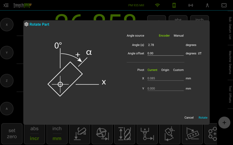 Fig. 1: The "Rotate Part" dialog reading the angle from the encoder. The "Angle (α)" row shows what the axis is reporting. The Rotate Part dialog with Encoder selected as the angle source, showing a live angle of 2.78 degrees