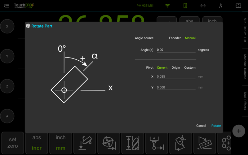 Fig. 2: The dialog with "Manual" selected. The angle is typed in rather than read from an axis. The Rotate Part dialog with Manual selected as the angle source and the angle field open for typing