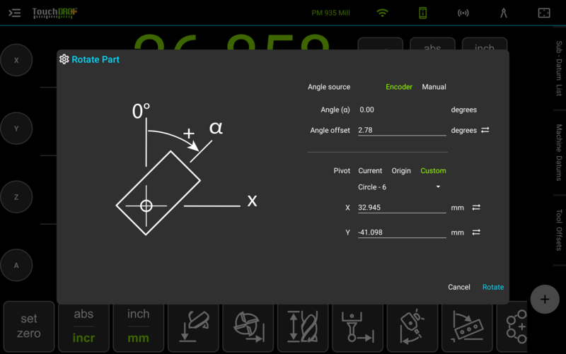 Fig. 3: The same 2.78 degrees moved into "Angle offset", which sets the part's reference orientation and leaves α at 0.00. The Rotate Part dialog after the live angle has been captured into the angle offset, leaving the working angle at zero