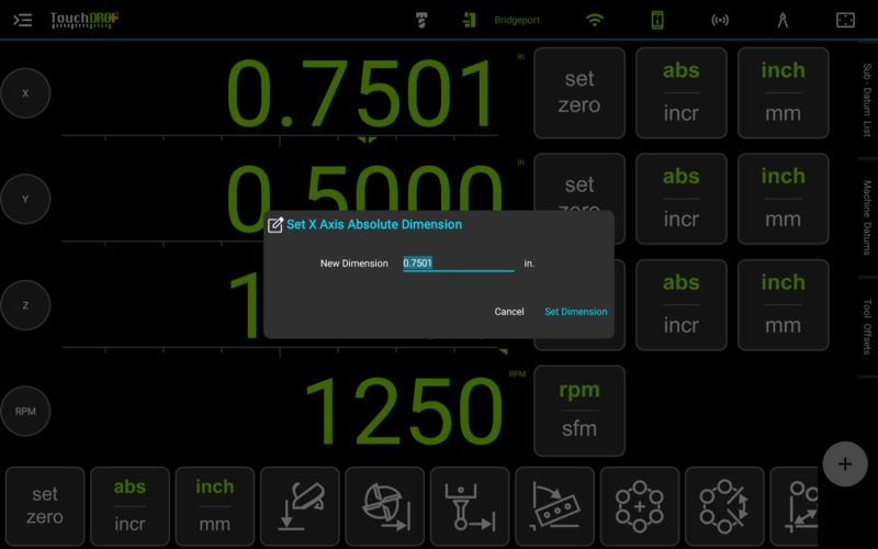 The Set X Axis Absolute Dimension dialog opened by long-pressing the X readout, with the New Dimension field selected