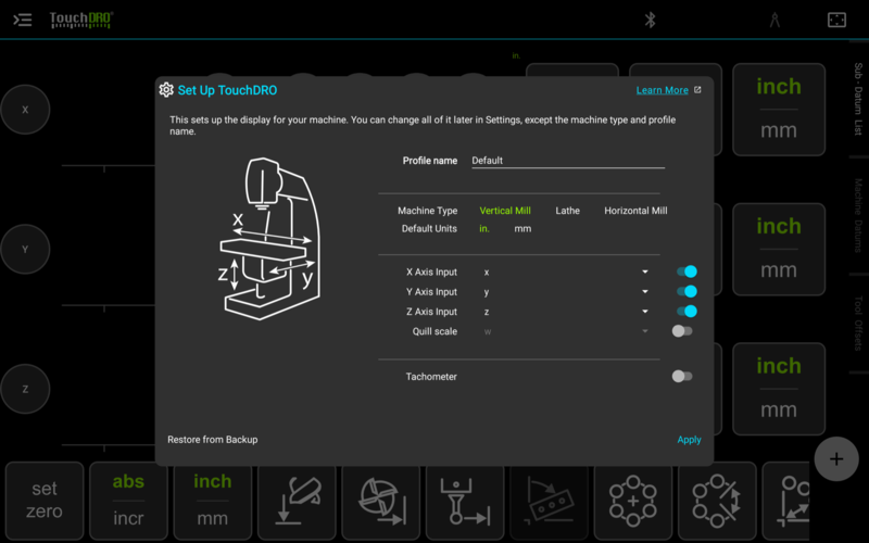 TouchDRO opened for the first time, with the Set Up TouchDRO dialog over the grayed-out readouts