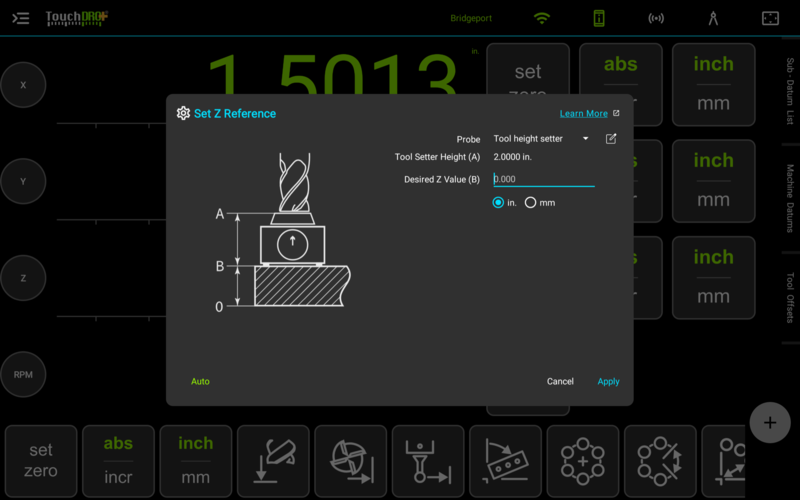 Fig. 3: The "Set Z Reference" dialog armed with "Auto", waiting for probe contact The Set Z Reference dialog with a tool height setter profile selected and the Auto button lit green, waiting for the setter to trigger