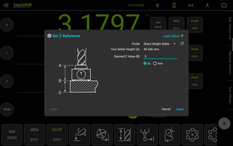 Fig. 4: The Set Z Reference dialog; the setter height comes from the profile, and the stock thickness goes into Desired Z Value (B) The TouchDRO Set Z Reference dialog with the tool setter profile selected and the stock thickness entered