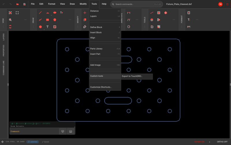 Fig. 3: The Export to TouchDRO command in SnapCAD's Tools menu, under Custom tools