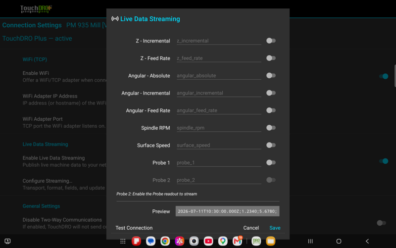Fig. 2: TCP server settings for streaming digital readout data to the local network