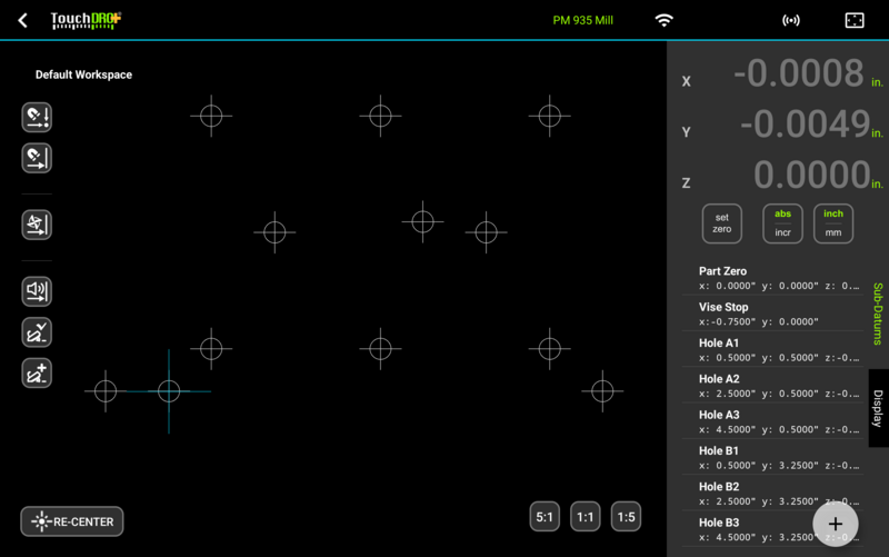 Fig. 5: Imported hole positions in the sub-datum list and the graphical view of the digital readout Fig. 5: Imported hole positions in the sub-datum list and the graphical view of the digital readout