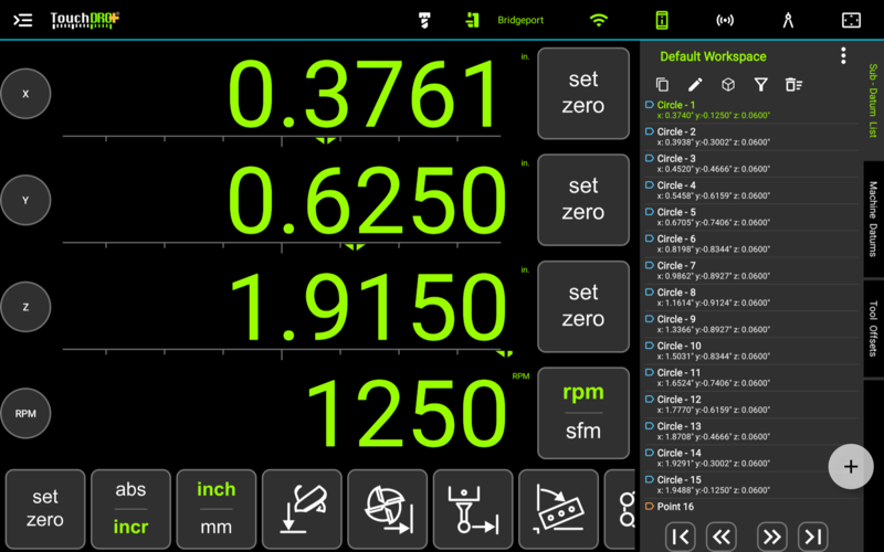Fig. 3: The action buttons with one sub-datum active: Step and Repeat, Edit, 3D, Filter, and Delete The sub-datum panel with Circle - 1 active in green and the action row above the list showing the Step and Repeat, Edit, 3D, Filter, and Delete buttons, with Edit lit