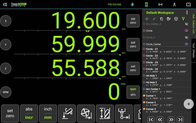Sub-datum list with tagged points; two tags are switched off in the filter panel above the list