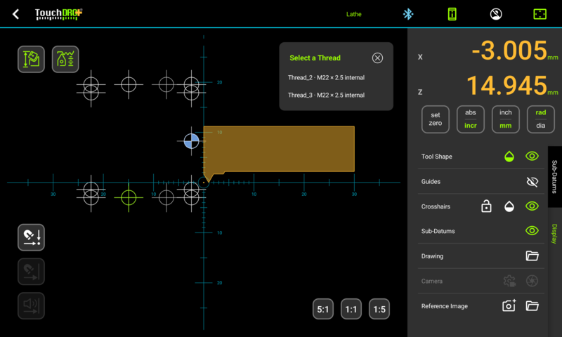 Fig. 3: The "Select a Thread" list. The tag tells apart two threads of the same size. The Select a Thread list in the TouchDRO lathe graphical view, showing two internal M22 x 2.5 threads identified by their tags