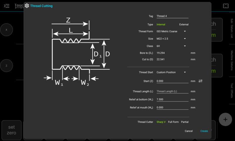 Fig. 2: The "Thread Cutting" dialog, set up for an internal M22 × 2.5 thread TouchDRO Thread Cutting dialog set up for an internal M22 x 2.5 thread, with a labeled cross-section diagram on the left and the computed Bore to and Cut to diameters on the right