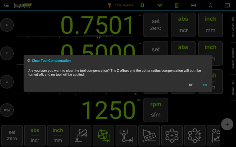 Fig. 8: The confirmation raised by long-pressing the "Tool Compensation" button The Clear Tool Compensation confirmation over the readout screen, saying the Z offset and the cutter radius compensation will both be turned off and no tool will be applied, with No and Yes buttons