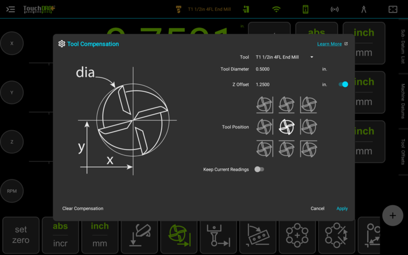Fig. 1: The "Tool Compensation" dialog with a library tool selected The Tool Compensation dialog with a half-inch end mill selected from the library, its diameter and Z offset shown as plain values, the Z Offset switch on, the Tool Position pad with the center cell lit, the Keep Current Readings switch off, and the Clear Compensation, Cancel, and Apply buttons