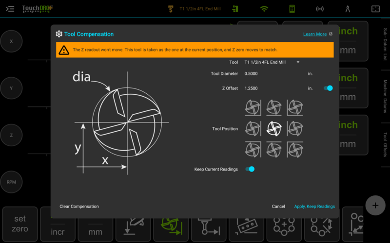 Fig. 2: "Keep Current Readings" switched on. The banner explains the correction, and the button reads "Apply, Keep Readings" The Tool Compensation dialog with Keep Current Readings switched on, an orange banner reading The Z readout won't move, this tool is taken as the one at the current position, and Z zero moves to match, and the positive button reading Apply, Keep Readings
