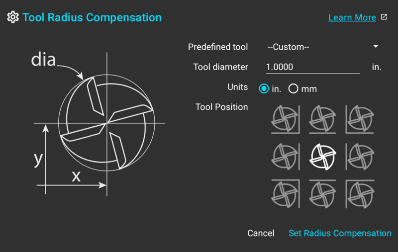 Fig. 1: The "Tool Radius Compensation" dialog with a custom diameter entered Fig. 1: The "Tool Radius Compensation" dialog with a custom diameter entered
