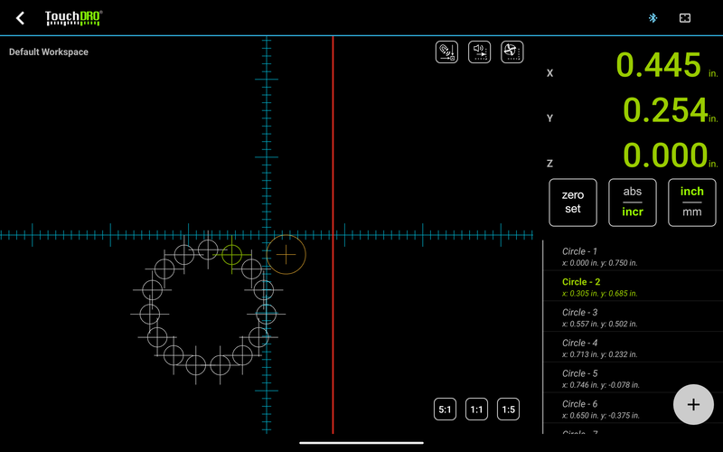 The rebuilt graphical view, with the cutter drawn at true size TouchDRO V3 graphical view showing the workspace points, the cutter drawn at true size, and guide lines