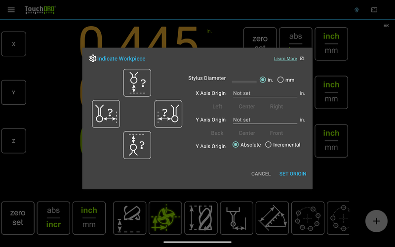 The "Indicate Workpiece" dialog set up for an electronic touch probe TouchDRO V3 Indicate Workpiece dialog set up to use an electronic touch probe