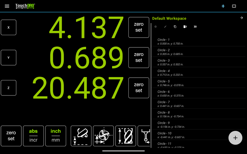 The TouchDRO V3 main screen TouchDRO V3 main screen with three axis readouts, the sub-datum panel on the right, and the function strip along the bottom