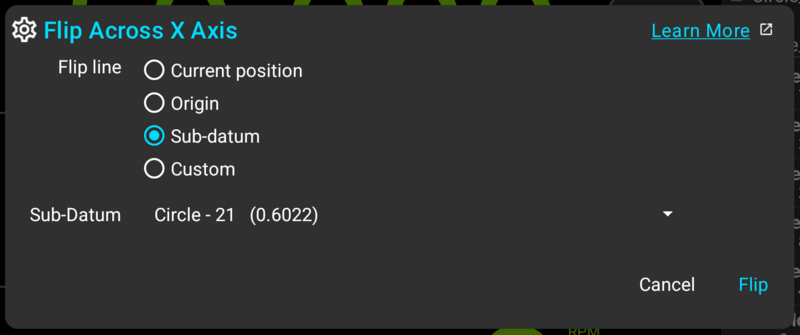 Fig. 8: Flip Across X Axis dialog, with the flip line placed on a sub-datum
