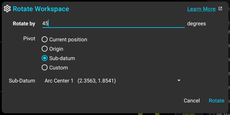 Fig. 6: Rotate Workspace dialog, with a sub-datum selected as the pivot