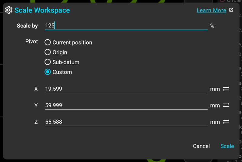 Fig. 9: Scale Workspace dialog, with a custom three-axis pivot