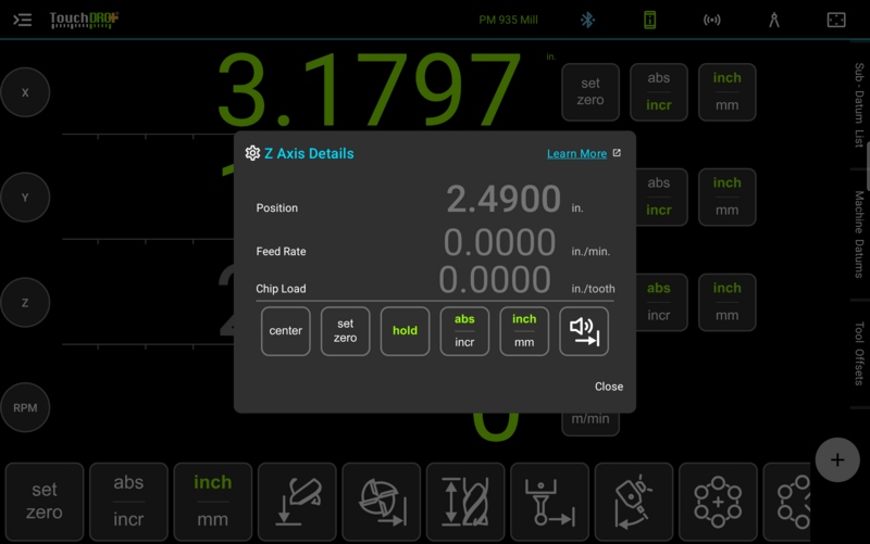 Fig. 5: The Z Axis Details dialog with the hold active; the readout is frozen until hold is tapped again The TouchDRO Z Axis Details dialog with the hold button switched on