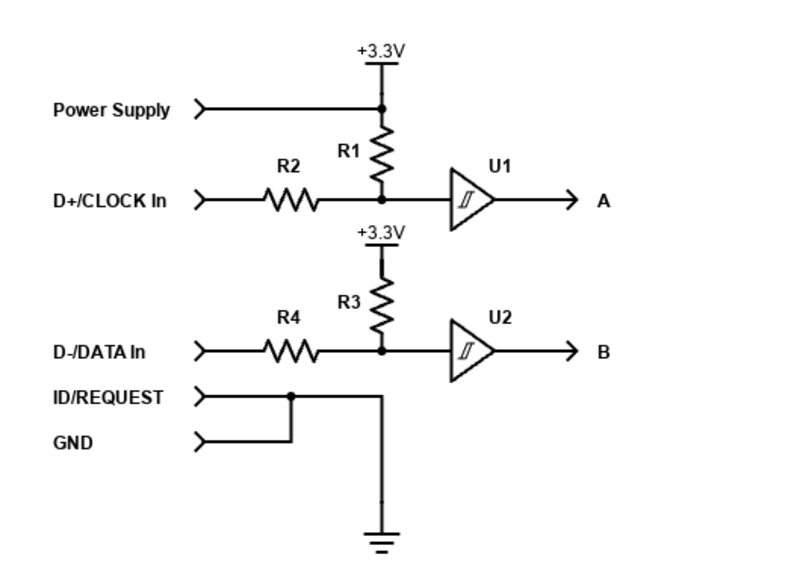 Simple Schmitt-trigger buffer interface for iGaging Absolute DRO Plus scales