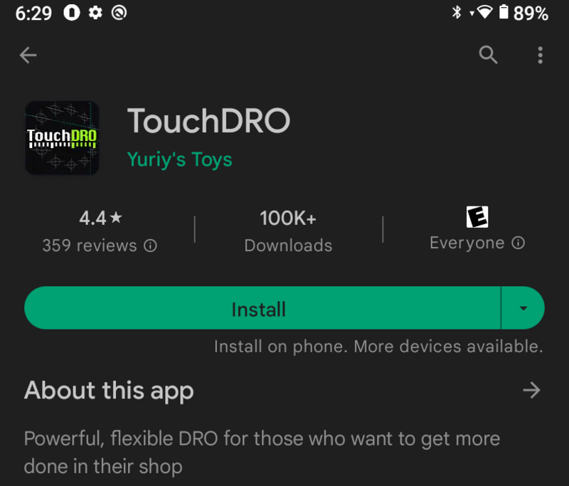 TouchDRO Play Store page TouchDRO Play Store page