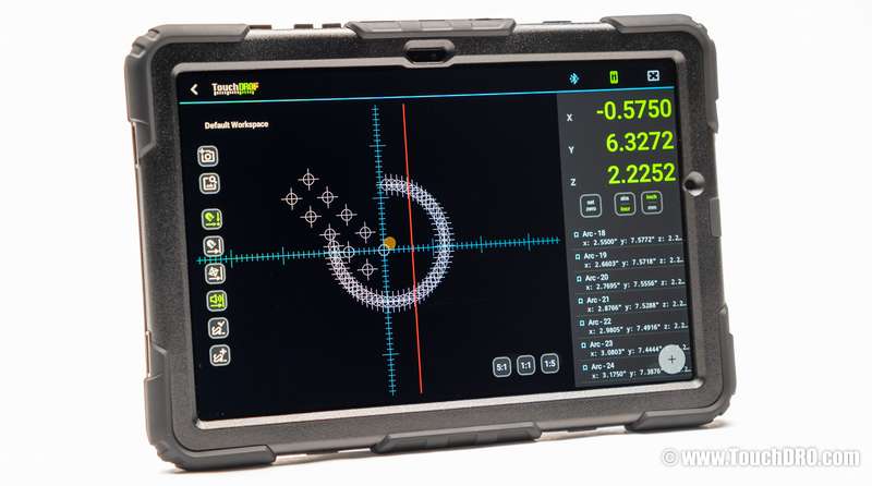 A workspace on the graphical view: probed arcs and saved positions next to the live readout TouchDRO workspace on a rugged Android tablet showing a probed arc pattern with the sub-datum list alongside the position readout